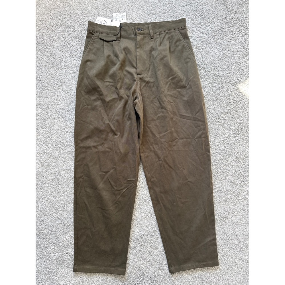 Zara Pleated Chino Pants Olive Green Straight Leg Trousers 6861/311 Size 31